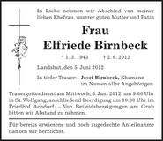 Traueranzeige Elfriede Birnbeck