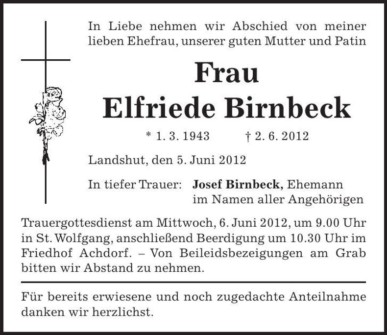 Traueranzeige Elfriede Birnbeck
