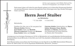 Traueranzeige Josef Stuiber
