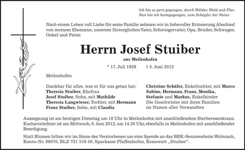 Traueranzeige Josef Stuiber