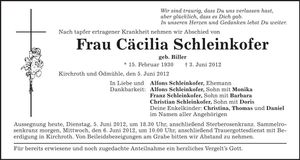 Traueranzeige Cäcilia Schleinkofer