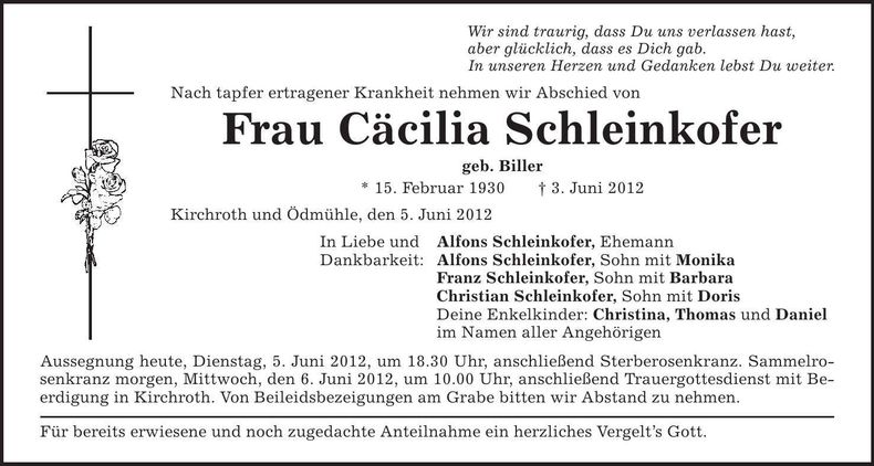 Traueranzeige Cäcilia Schleinkofer