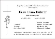Traueranzeige Erna Führer