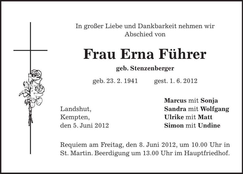 Traueranzeige Erna Führer