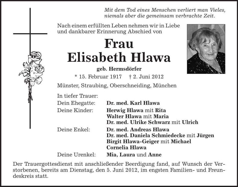 Traueranzeige Elisabeth Hlawa