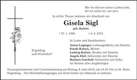 Traueranzeige Gisela Sigl