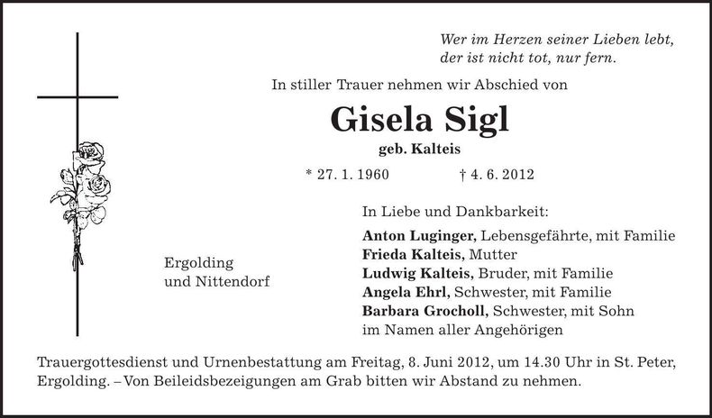 Traueranzeige Gisela Sigl