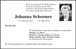 Traueranzeige Johanna Schermer