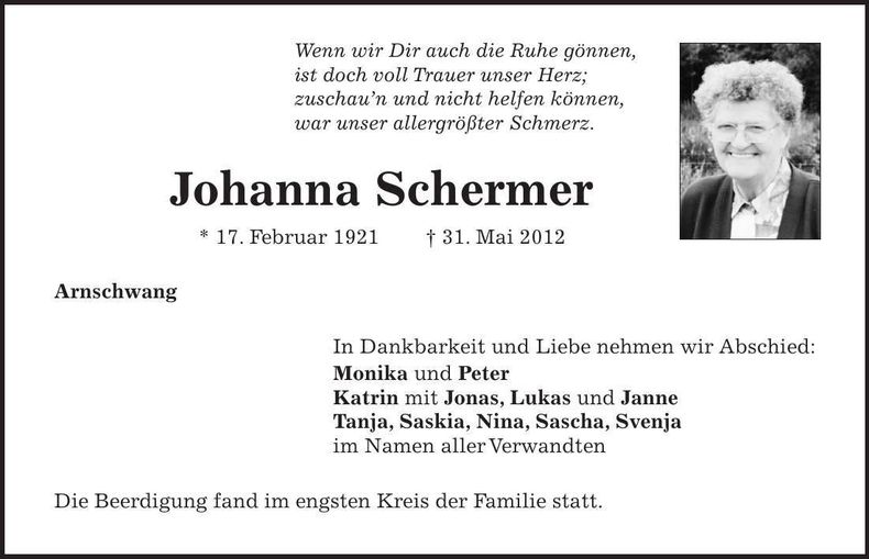 Traueranzeige Johanna Schermer