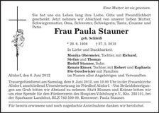 Traueranzeige Paula Stauner