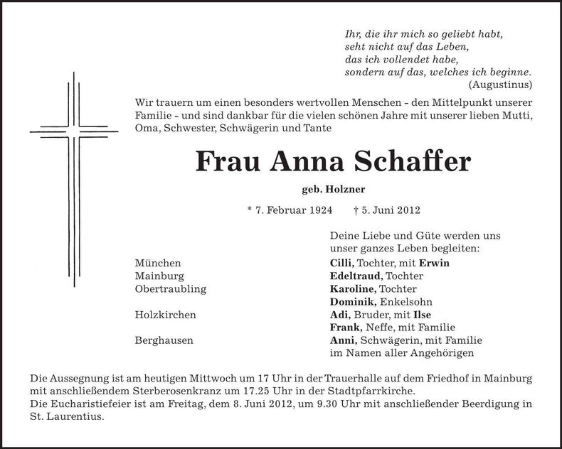 Traueranzeige Anna Schaffer