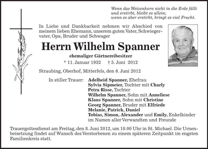 Traueranzeige Wilhelm Spanner