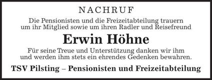 Traueranzeige Erwin Höhne