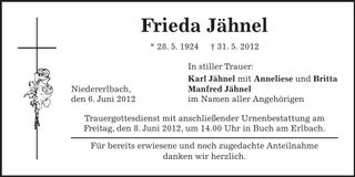 Traueranzeige Frieda Jähnel