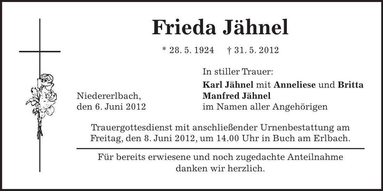 Traueranzeige Frieda Jähnel