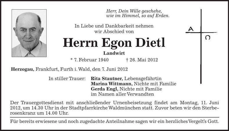 Traueranzeige Egon Dietl