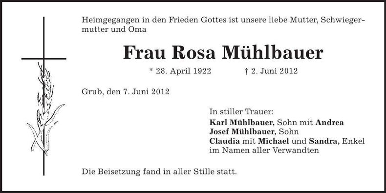 Traueranzeige Rosa Mühlbauer
