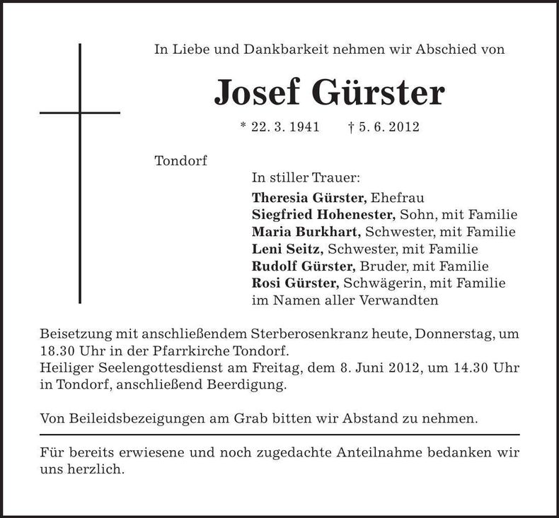 Traueranzeige Josef Gürster
