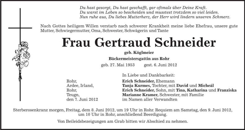 Traueranzeige Gertraud Schneider