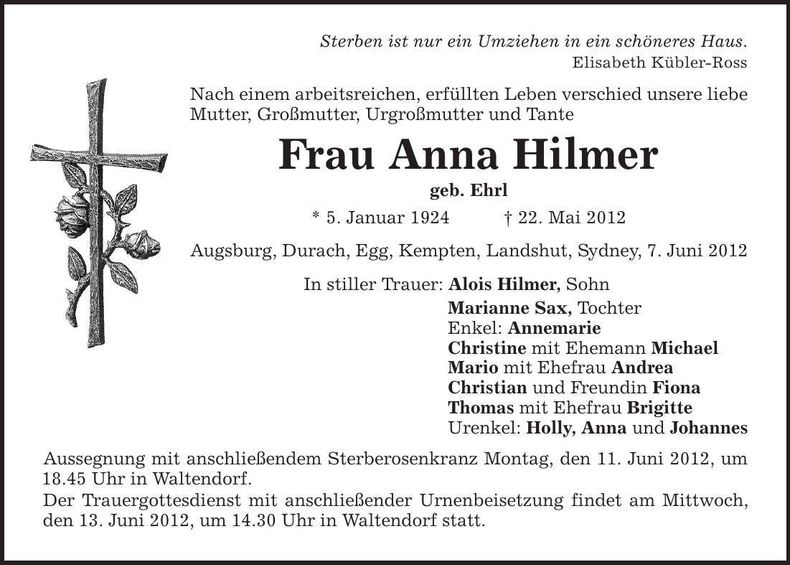 Traueranzeige Anna Hilmer