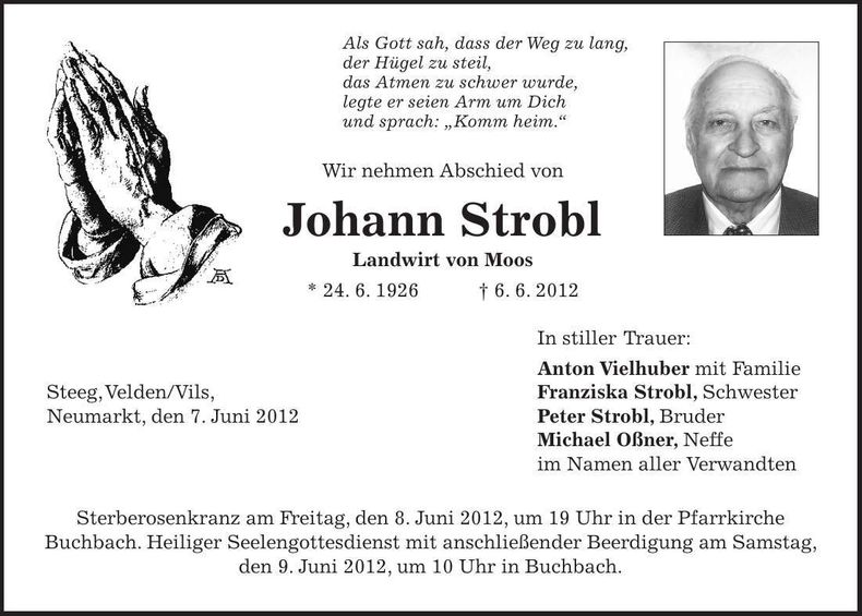 Traueranzeige Johann Strobl