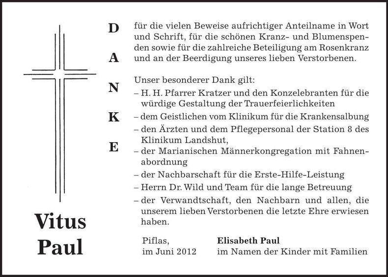 Traueranzeige Vitus Paul