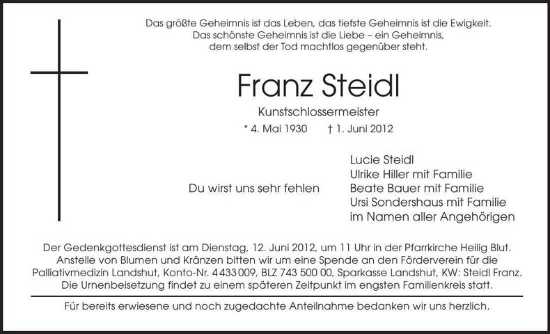 Traueranzeige Franz Steidl