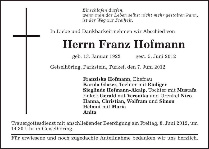 Traueranzeige Franz Hofmann