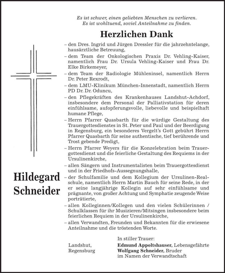 Traueranzeige Hildegard Schneider