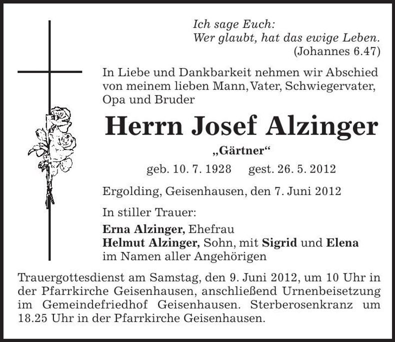 Traueranzeige Josef Alzinger