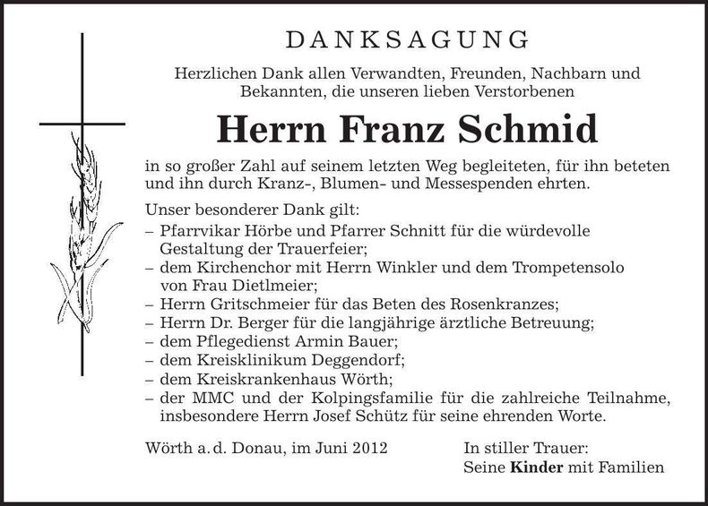 Traueranzeige Franz Schmid