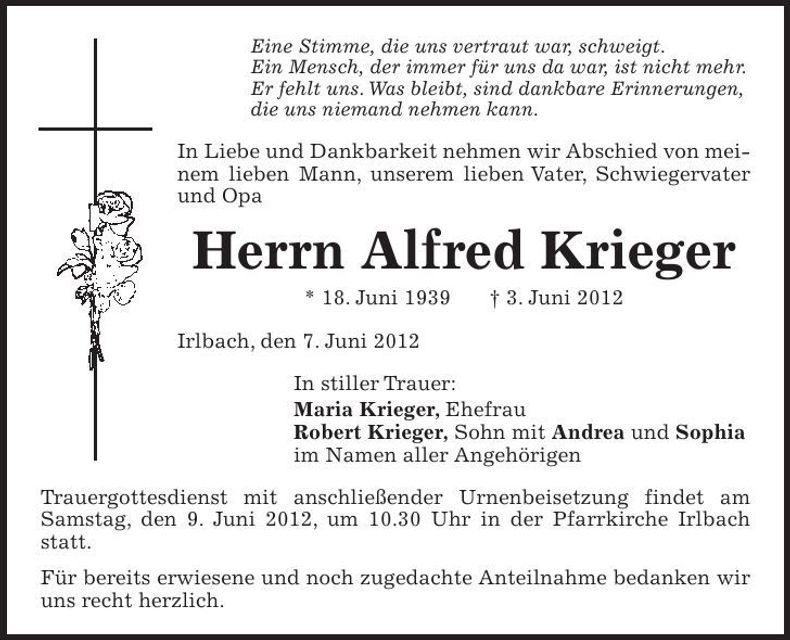 Traueranzeige Alfreid Krieger
