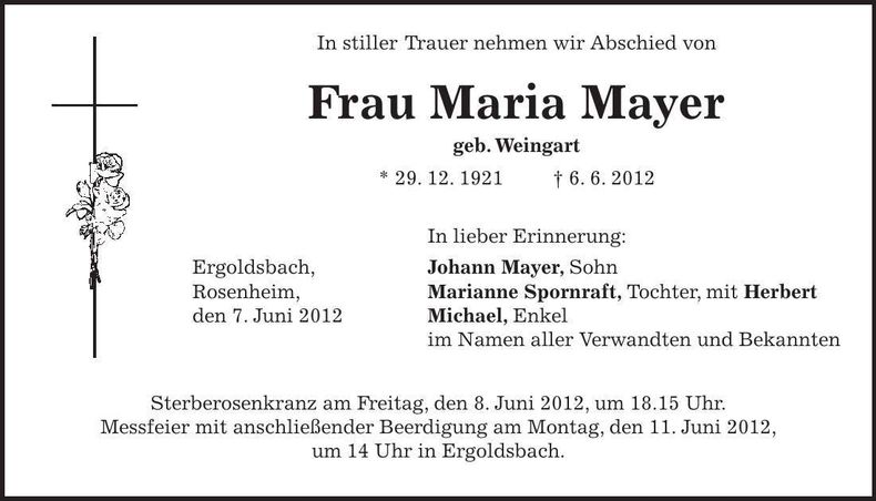 Traueranzeige Maria Mayer