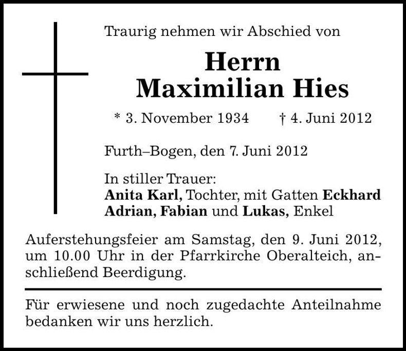 Traueranzeige Maximilian Hies
