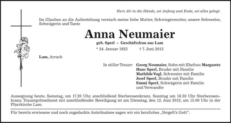 Traueranzeige Anna Neumaier