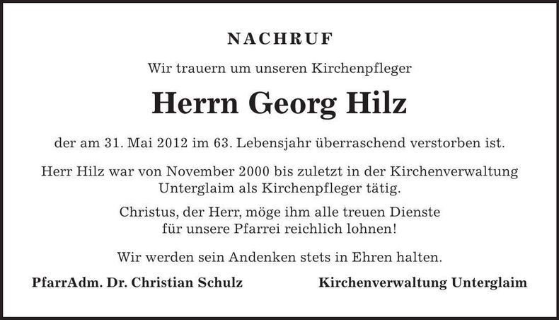 Traueranzeige Georg Hilz