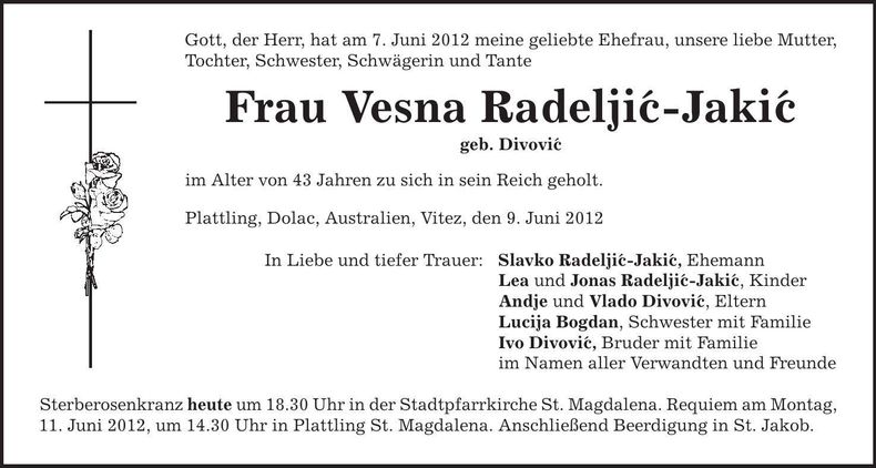 Traueranzeige Vesna Radeljic-Jakic
