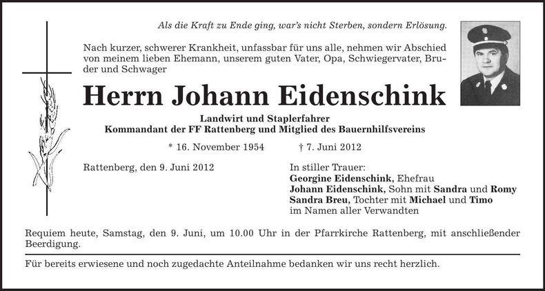 Traueranzeige Johann Eidenschink