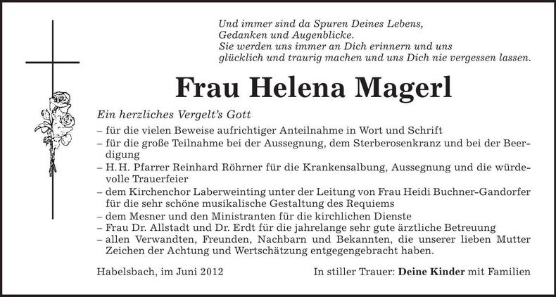 Traueranzeige Helena Magerl