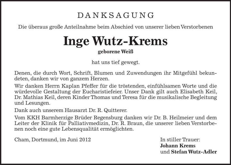 Traueranzeige Inge Wutz-Krems