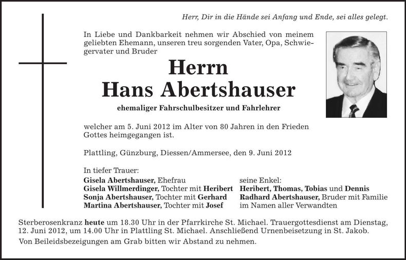 Traueranzeige Hans Abertshauser