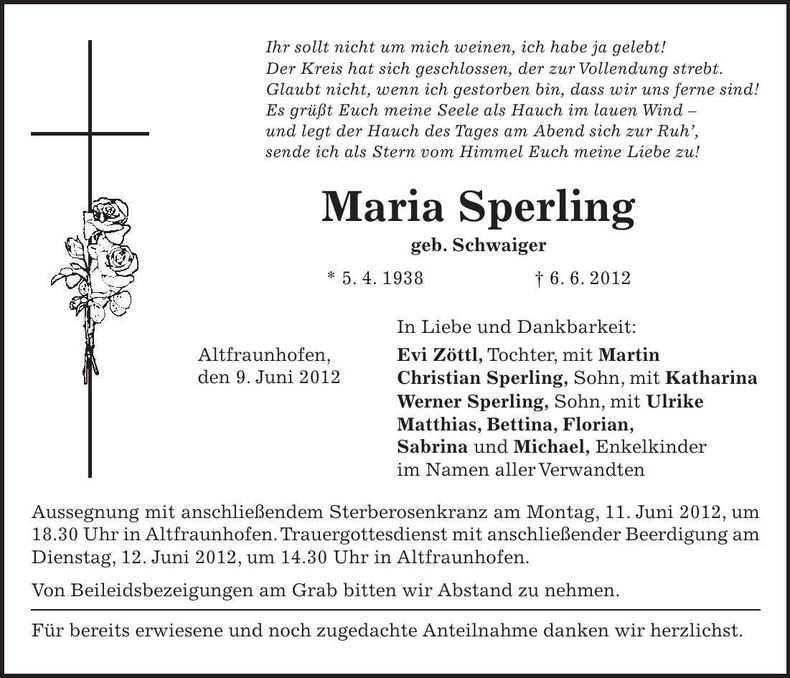 Traueranzeige Maria Sperling