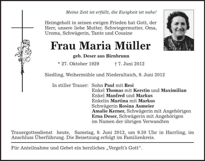 Traueranzeige Maria Müller