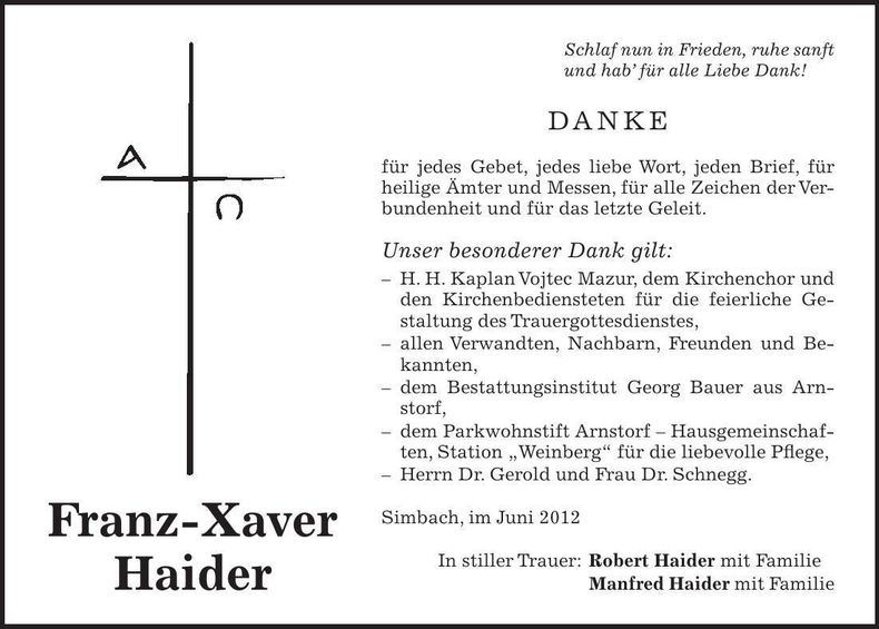 Traueranzeige Franz-Xaver Haider