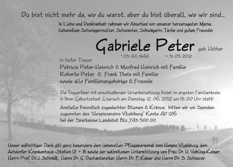 Traueranzeige Gabriele Peter