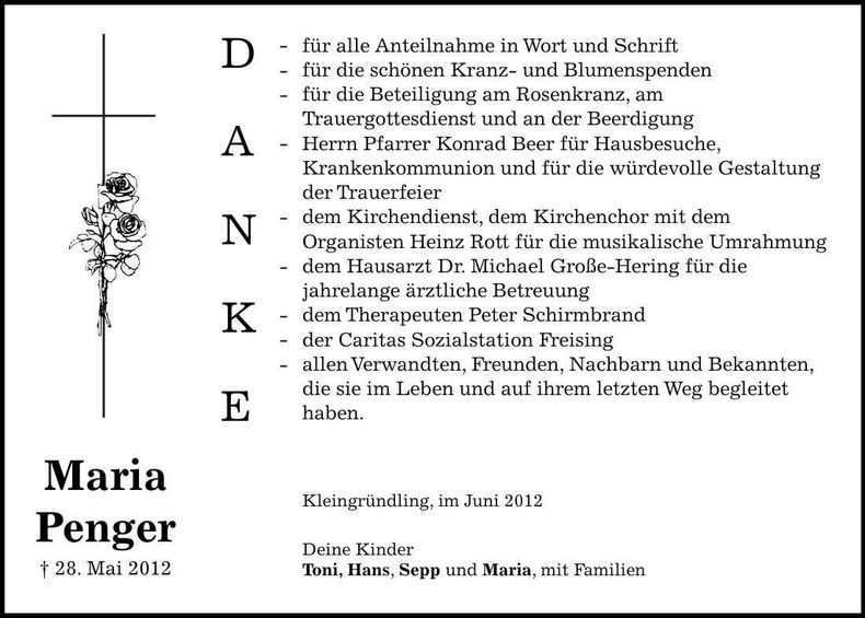 Traueranzeige Maria Penger
