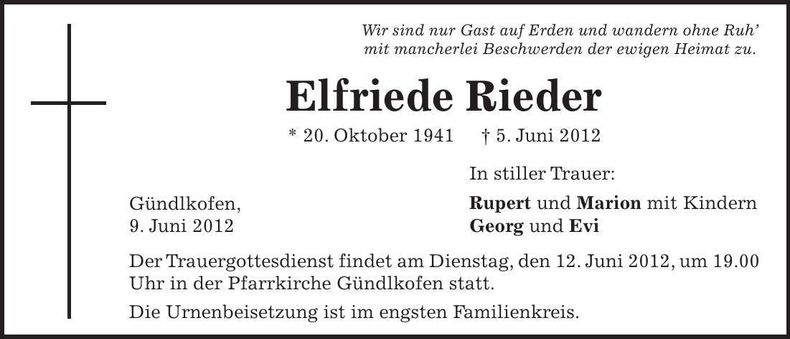 Traueranzeige Elfriede Rieder