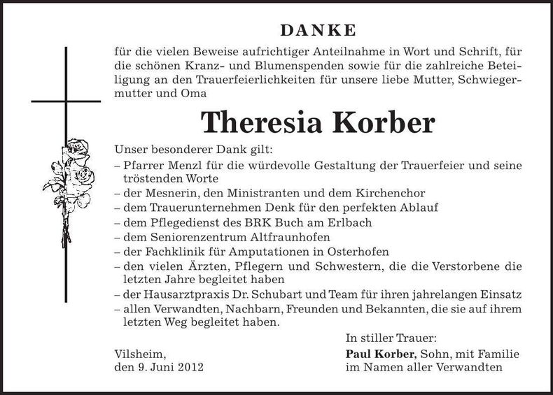 Traueranzeige Theresia Korber
