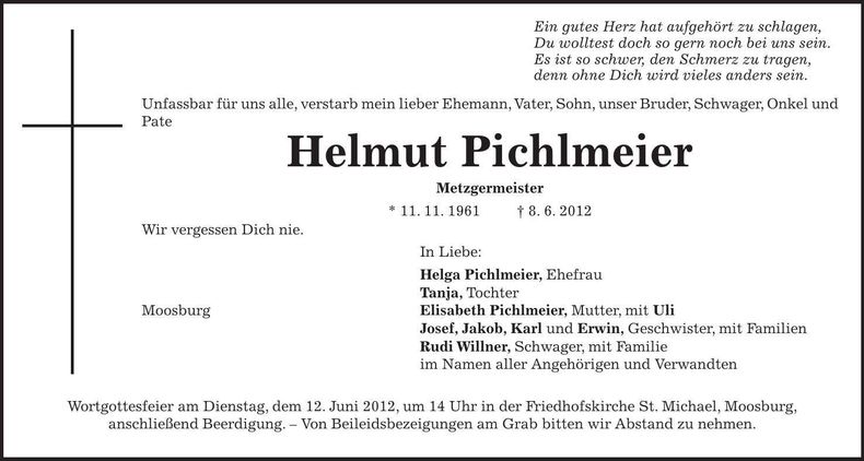 Traueranzeige Helmut Pichlmeier