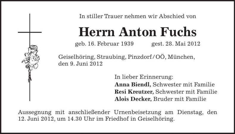 Traueranzeige Anton Fuchs
